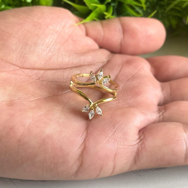 3-Stone Marquise Cut White Diamond Chevron V Shape Enhancer Guard For Women, 14K Gold Plated 925 Silver April Birthstone Diamond Chevron V Shape Enhancer Wrap Guard Matching Band