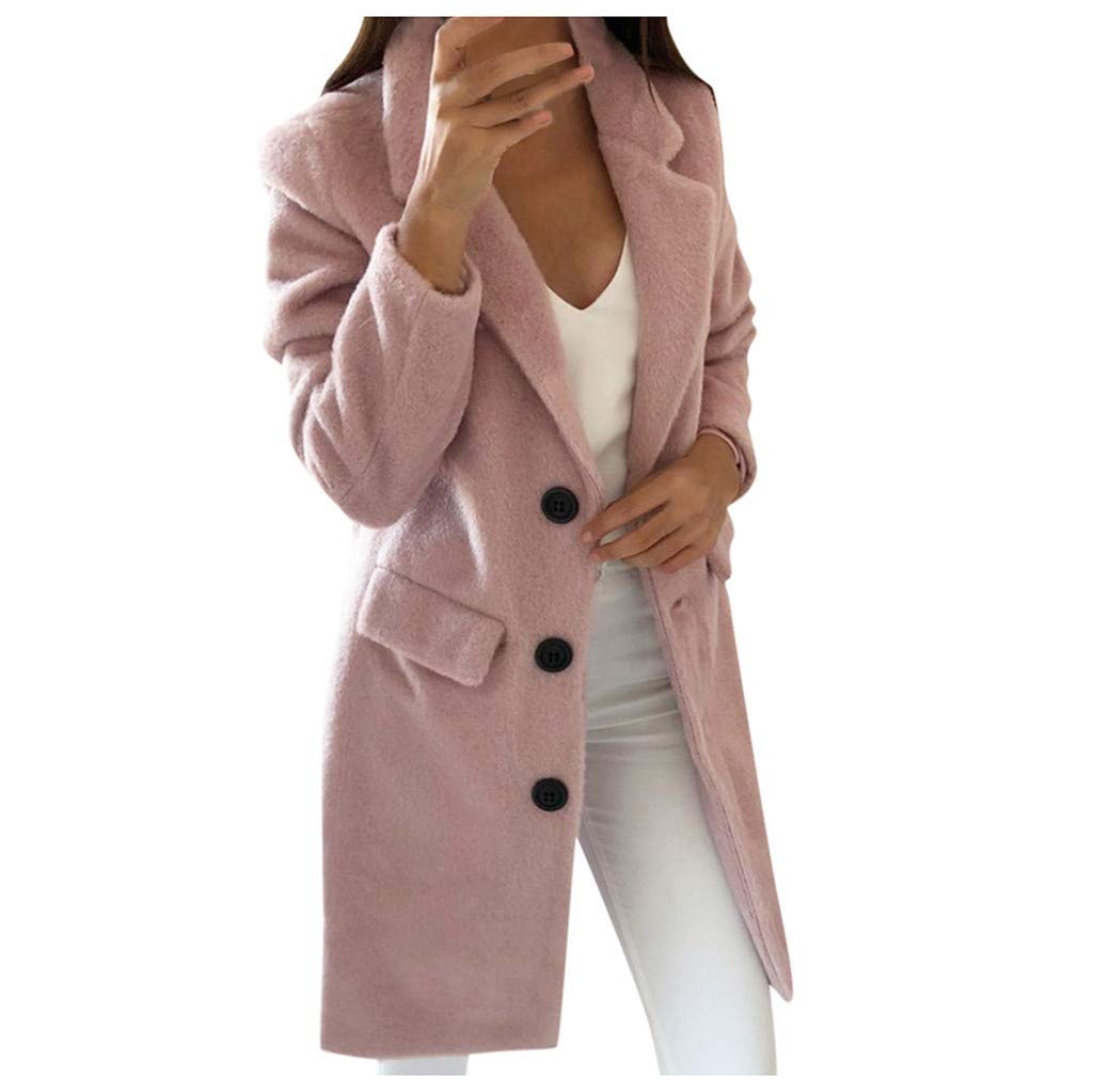Women Winter Wool Coat Elegant Button Windbreaker Long Trench Classic Parka Ladies Spring Warm Jacket Long Sleeve Cardigan Top Outerwear Overcoat Plus Size Pink