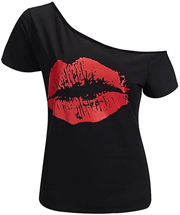 MAGICMK Women’s Short Sleeve Tops Lips Print Causal Offer The Shoulder T-Shirt Tops (Black+Red1, 4XL) by MAGICMK - Used condition - US$8.63