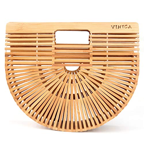 Vintga Bamboo Handbag Handmade Tote Bamboo Purse Straw Beach Bag for Women