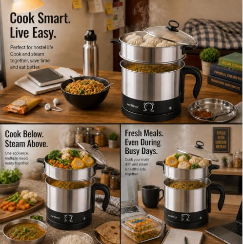 Image of KenBerry Stainless Steel 600 Watts Handy Cook Multi Electric Kettle 1.5 L With Steel Steaming Basket