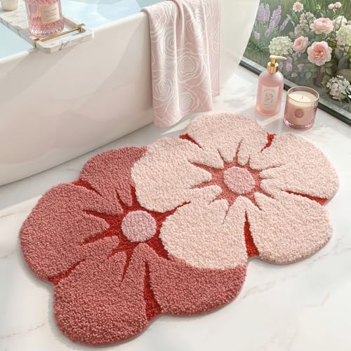 DEXI Alfombra Baño 50 x 80 cm, Alfombrillas Forma de Floral Antideslizante y Absorbente, Lavable a Máquina, Súper Suave Alfombras para Ducha, Lavabo, Rosa Suave