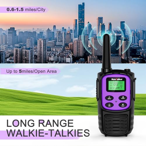 Image of MaxTalker Walkie Talkies Long Range, FRS Two Way Radio (2-Pack, Purple) | Rechargeable 1200mAh USB-C walkie talkie with NOAA, LED flashlight & VOX, Ideal for hiking, camping