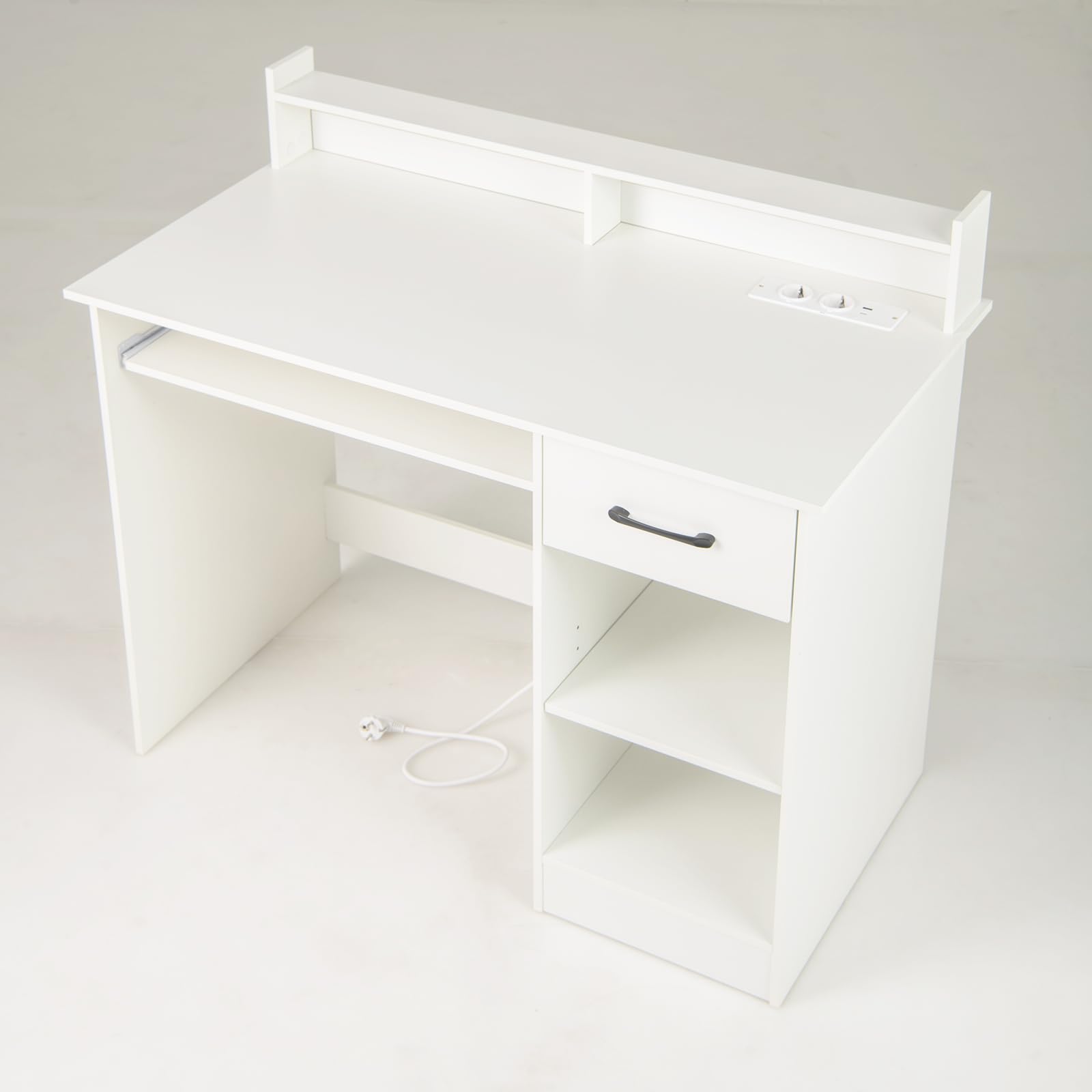 LIFEZEAL Computertisch mit Tastaturauszug, Schreibtisch Holz mit Steckdose & Ladestation, Bürotisch mit Ständer, PC Tisch für Arbeitzimmer Büro homeoffice (weiß)