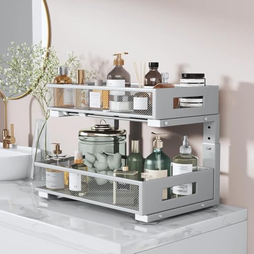 Image of 2 Packs 17IN Depth Under Sink Organizer, 2-Tier Pull Out Cabinet Organizer With Smooth Circular Rail, Large Capacity Metal Mesh Sliding Drawers For Bathroom& Kitchen Storage,Height Adjustable-Gun Gray