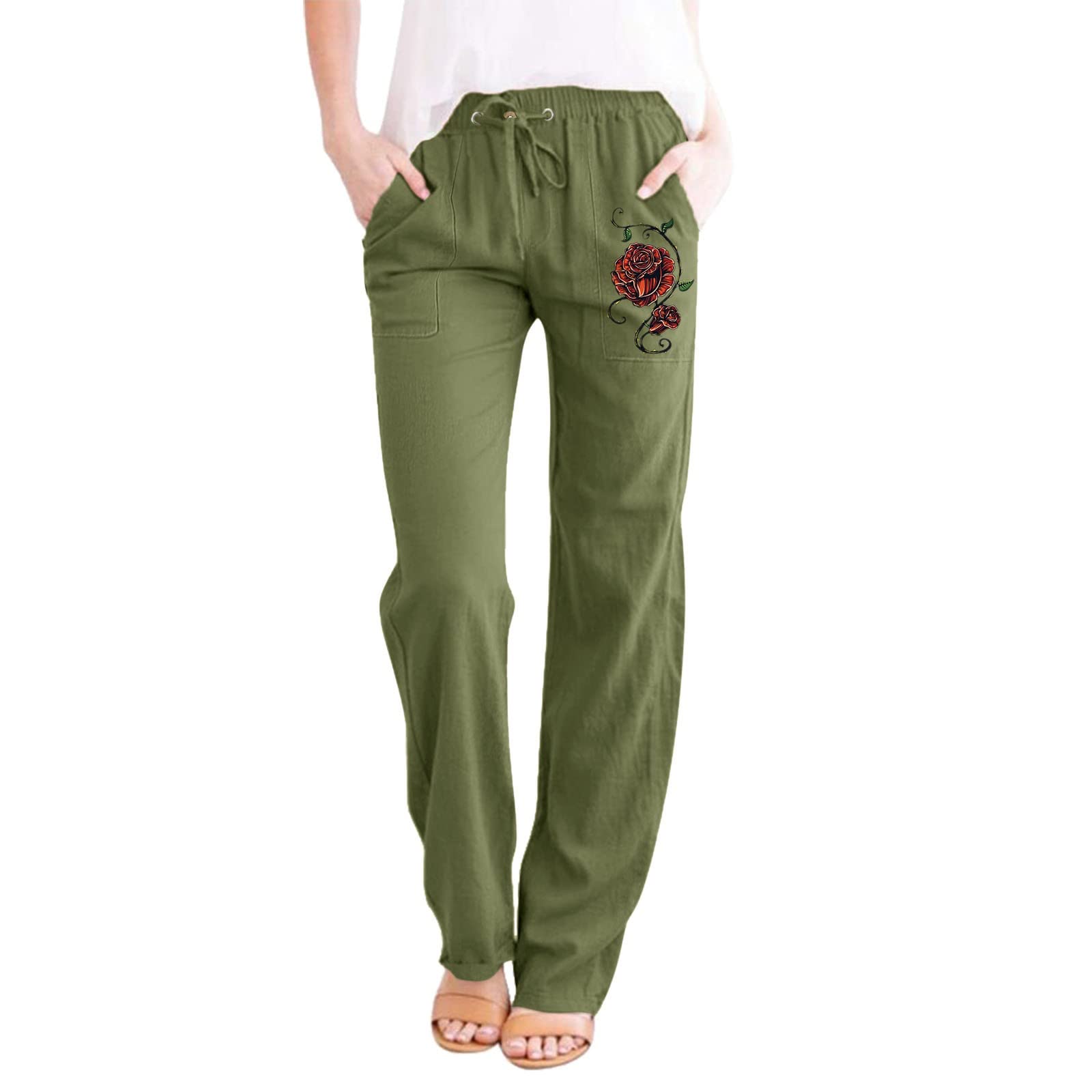 YOLAI Womens Rose Printing Casual Trousers High Waist Straight Leg Pant Cotton Linen Trousers with Pockets