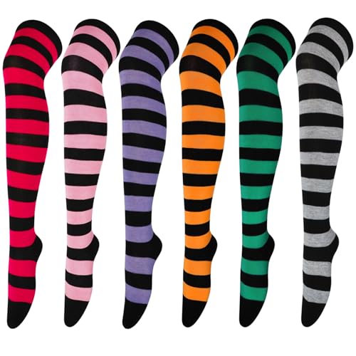 Image of DRESHOW 6 Pairs High Thigh Socks Striped Over Knee Thin Tights Long Stocking for Women Leg Warmer