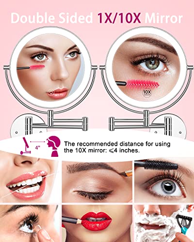 Benbilry 9” Wall Mounted Lighted Makeup Vanity Mirror With 3 Color Dimming Lights, Super Large Size 1X/10X Magnifying Double Sided Led Cosmetic Mirror, 360° Swivel Extendable Round Shaving Mirror #TOP1