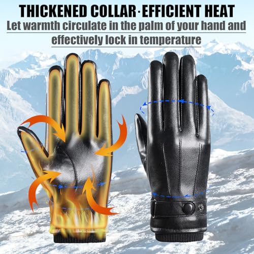 BDSHUNBF Herren Lederhandschuhe, Hochwertige Handschuhe aus PU-Leder für Winter, Gefüttert, Schwarz, L