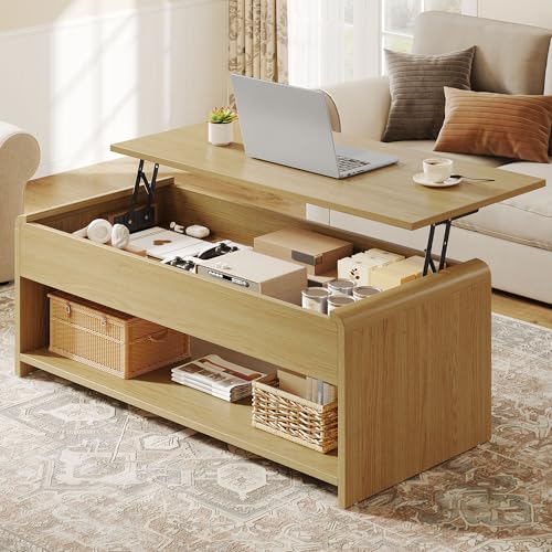 Homiflex Lift Top Coffee Table, 35'' Modern Coffee Table with Hidden Compartment & Open Shelf, Curved Profile Design, Converts to Home Office Table, Dining Table, Center Table for Living Room, Natural