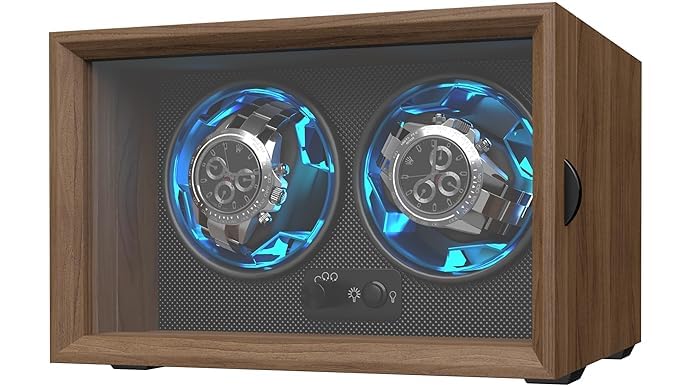 Image of Bequest Dual Watch Winders for Automatic Watches, Double Watch Winder Box for Rolex,4 Rotation Mode Setting,Blue Light,Elastic Watch Pillows for Lady and Man Watches, Brown, Business, High-end,Brown,