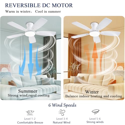 Image of JSAITEE Ceiling Fans with Lights, 42 Inch Low Profile Ceiling Fan with Light and Remote Control, Flush Mount, DC Reversible Motor, Noiseless, White 6 Speeds Ceiling Fan for Bedroom