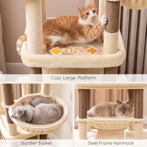 Image of Globlazer Tall Cat Tower for Indoor Adult Cats, 72-inch, S72G, Beige | Heavy Duty Cat Tree House for Big Cats with 2 Extra-Large Padded Platform, 7 Sisal Scratching Posts, 3 Large Condos