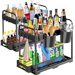 NCKIHRKK 2 Piezas Organizador Fregadero, Deslizante Organizador Cocina con Asas-Fácil de Empujar y Tirar, Organizador Bajo Fregadero para Cocina Baño, Negro