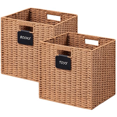 UBBCARE Paquete de 2 cestas de mimbre, cubos de almacenamiento de 10.5 x 10.5 pulgadas con etiqueta, cubo plegable con asa, cesta de almacenamiento cuadrada para estantes, cesta de cuerda de papel
