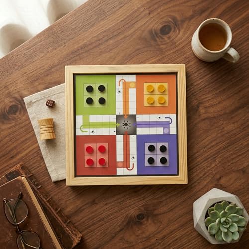 Image of Wooden Magnetic 2-in-1 Ludo and Snakes & Ladders Board Game, Antique & Beechwood, Reversible, Portable, 26.5x26.5 cm, with Tokens and Dice (10 Inches Beech Wood Brown)
