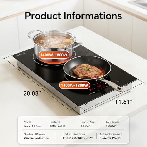 Image of Ranein 12 Inch 2 Burner Induction Cooktop, 1800W, 120V