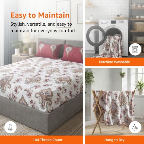 Image of Amazon Basics - 100% Cotton Flat Bedsheet | 144TC |Queen Bed Sheet with 2 Pillow Cover|Soft Cotton | Floral Print | 90 Inch x 100 Inch, Beige