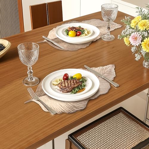 Image of Kuber Industries Soft Leather Dining Table Mat Set of 6 | Non-Slip Heat Resistant Placemats for Kitchen | Decorative Centre Table, Dinner Plate and Bed Side Mat | Emboss Leaf - Golden