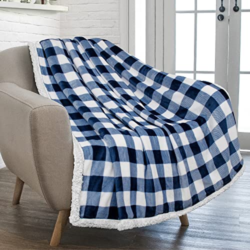Pavilia Buffalo Plaid Sherpa Blanket Throw | Fuzzy White Navy Blue Checkered Flannel Fleece Blanket For Couch Bed | Fluffy Warm Soft Plush Microfiber Blanket | 50X60 #TOP29
