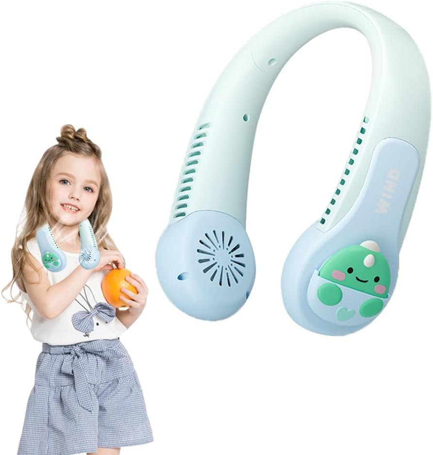 GINGER TECH Portable Neck Fan for Kids, 1800mAh Cartoon Bladeless Neck Fan for Girls, 3 Speed Adjustable, USB Rechargeable Wearable Neck Cooler for Kids Girls Students Outdoor Indoor (Blue)