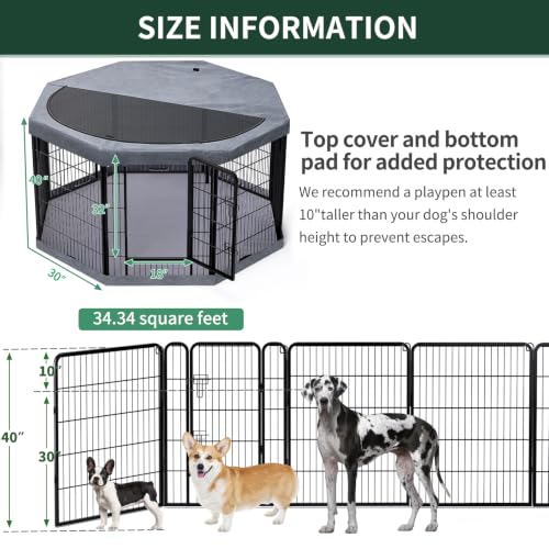 Image of PETIME Dog Playpen,Metal Exercise Puppy Pen Heavy Duty Kennels Yard Fence Indoor /Outdoor 8 Panels Dog Cage with Octagon Top Cover /Bottom Pad (Playpen+Octagon Top+Bottom, Grey, 40 inch H)