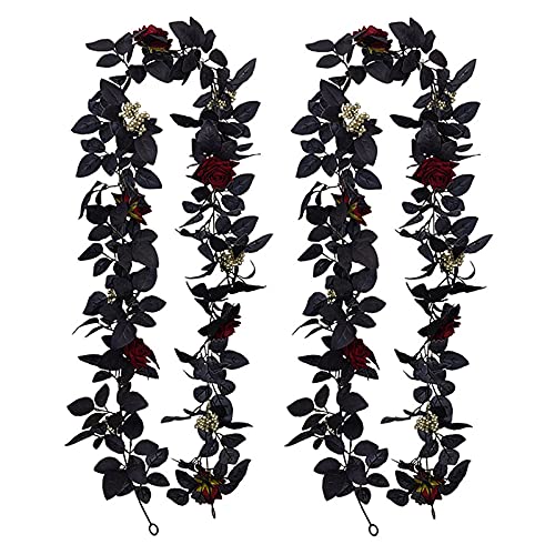 SINGFNH Paquete de 2 decoraciones artificiales de vid de rosas negras para Halloween, guirnalda de Halloween negra de 6 pies, decoración de telón de fondo para cenas, bodas, fiestas, etc Cover