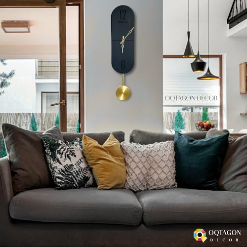 Image of OQTAGON Vertical Noir Designer Pendulum Wall Clock - Modern Slim Black Wall Clock for Living Room, Bedroom & Office | Minimalist Vertical Wall Decor