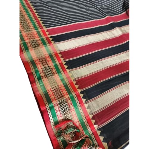 Image of Black Narayanpet Pure Mercerised Cotton Saree with stripes | Handloom Traditional Saree with Contrast Border | Soft Lightweight Ethnic Wear | Festive & Daily Wear Saree |