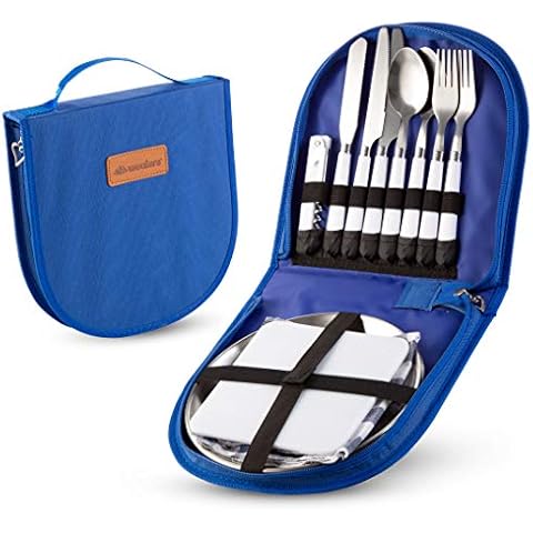 Camping Silverware Kit Cutlery Organizer Utensil Picnic Set - 12 Piece Mess Kit For 2 - Stainless Steel Plate Spoon Butter and Serrated Knife Wine Opener Fork Napkin Hiking - Camp Kitchen BBQ’s (Blue) Cover