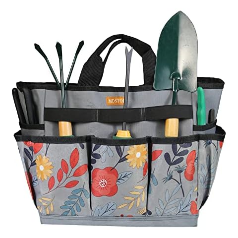 MDSTOP Garden Tool Bag, Garden Tool Kit Holder Home Organizer Storage Carrier, Oxford Garden Hand Tool Storage Tote Organizer with Handle and 8 Roomy Pockets, Floral Gardening Gift, Tools Not Included Cover