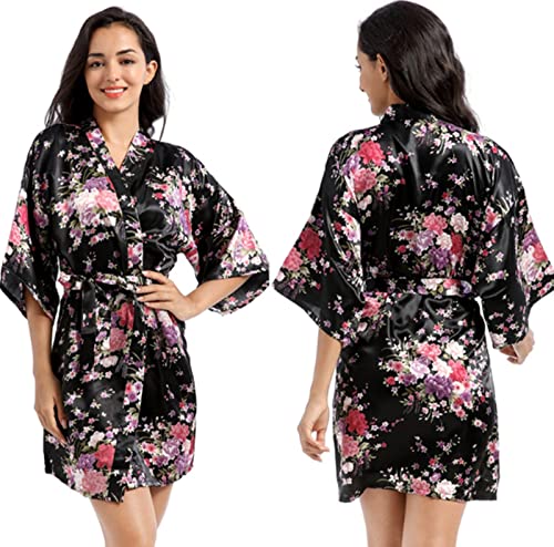 Robe de chambre en satin pour femme - Robe de bain en soie - Vêtement de nuit pour demoiselle d'honneur - Pyjama de mariage pour la nuit, le matin et la fête, Noir , 36 Cover