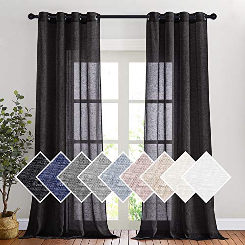 NICETOWN Linen Textured Sheer Curtains 108" L for Living Room, Privacy Chic Sheer Curtains Window Treatment Translucent Drapes for Farmhouse/Cottage, 52" Wide, Black, 1 Pair