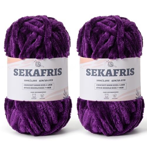 Image of Chenille Velvet Soft Yarn Deep Purple 2 Pack | 200g /98.4yds Fuzzy Chunky Chenille Yarn for Crocheting Plush Yarn for Hand Knitting Amigurumi Fluffy Yarn
