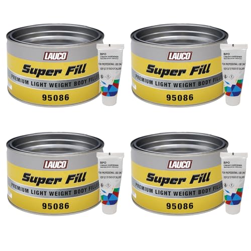LAUCO Super Fill Premium Lightweight Body Filler - Pack of 4 - Ideal for Small-Medium Dents & Scratches, Adheres to Fiberglass, Steel, Galvanized, Zinc & Aluminum, 4 Quart + 4 Hardener