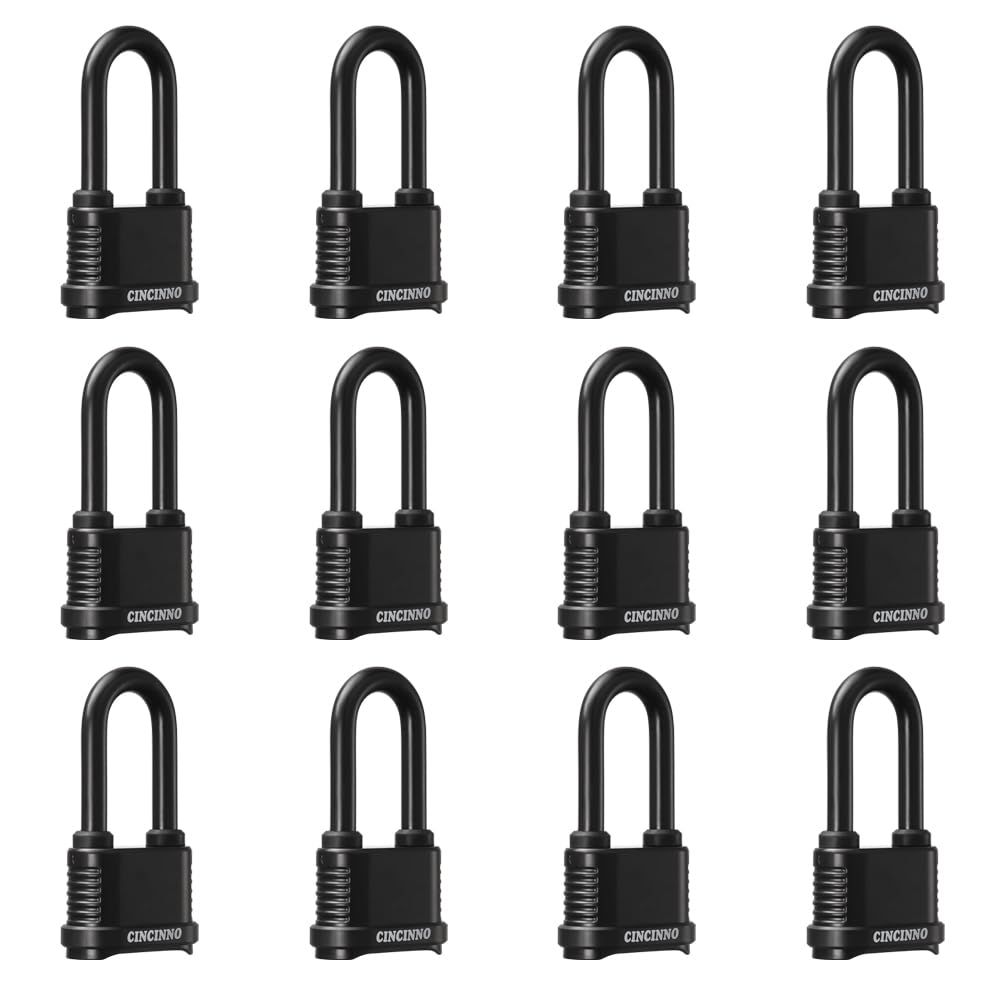 CINCINNO Weatherproof 4 Digit Combination Lock, Heavy Duty Combo Lock with Long Shackle for Outdoor Shed, Garage, Gate, Fence, 12 Pack