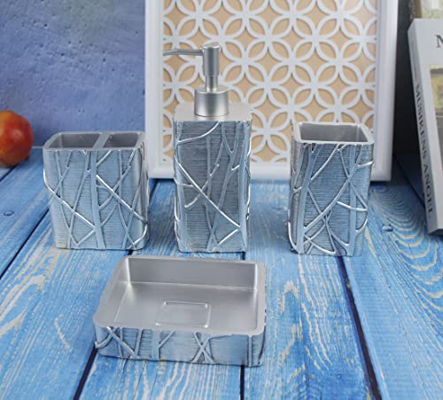 Hymmah Silver Bathroom Accessories Set,Toothbrush Holder,Farmhouse Bathroom Decor,4 Pcs Resin Gift Set Apartment Necessities, Contain Toothbrush Cup,Soap Dispenser,Soap Dish,Tumbler #TOP4