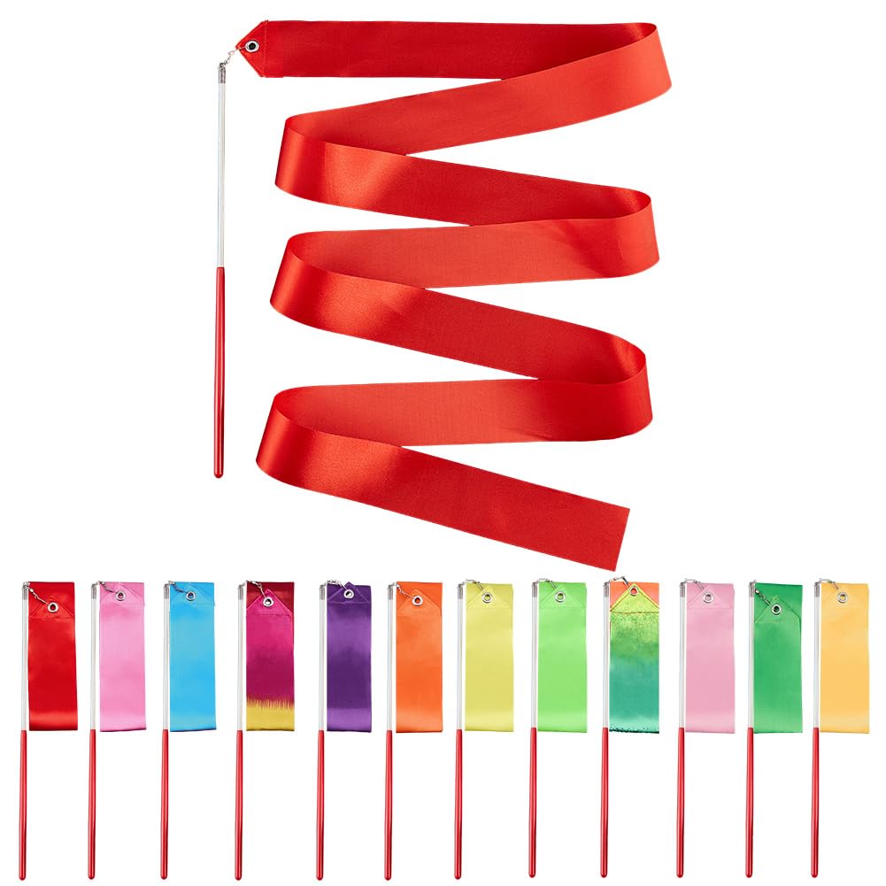 CREATCABIN 12Pcs Dance Ribbons Rainbow Gymnastics Ribbon with Non-Slip Handles Twirling Ribbons Wands Rhythmic Gymnastics Dancing Twirler Sticks