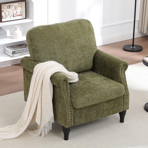 choairy Accent Chair for Living Room Modern Mid Century Reading Chair Armchair High Back Upholstered Armchair with Wooden Legs for Living Room Bedroom Office (Green 1pcs)