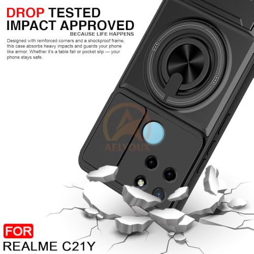 Image of Realme C21Y / C25Y Back Cover | Armor Camera Slider 360 Degree Rotating Finger Ring Holder Case with Bracket Stand Back Case Cover (Compatible with MagSafe Accessories) (Black)