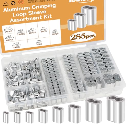 zDwfDc 285PCS 8 Sizes Aluminum Crimping Loop Sleeve Cable Crimps 3/64 1/16 5/64 3/32 1/8 5/32 3/16 1/4 Cable Ferrules Kit DD042