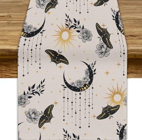 Mchenxin Boho Moth Table Runner, Magic Mystical Night Butterfly Gothic Vintage Sun Moon Flowers Leaves Table Runner for Home Kitchen Dining Table Decor Indoor Outdoor Party, 13x108inch