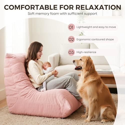 Hsundries Bean Bag Chairs for Adults, Memory Foam Couch Sofa Chair,One-piece Foam Padding,Cozy Corduroy Material Bean Bag Chair,Bean Bag Sofa for Reading in Bedroom Living Room and Dorms,Pink