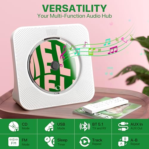 Image of ROADOM Portable CD Player with Bluetooth, Hi-Fi Speakers & FM Radio | Bluetooth transmitter & receiver, Hi-Fi stereo sound, FM radio, USB & AUX, 5 CD formats, compact CD player for kids & seniors