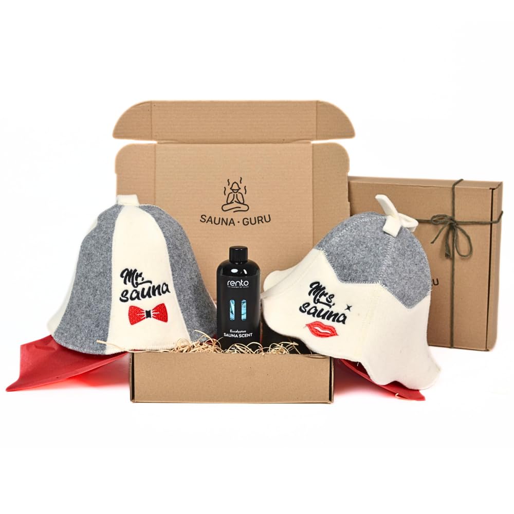 Sauna Geschenkset „Mr & Mrs Sauna“ – 2x Saunahut aus 100% Wollfilz + Eukalyptus Saunaaufguss 400 ml – Premium Sauna Set für Paare – Schutz vor Hitze entspannender Saunaduft, ideales Wellness Geschenk