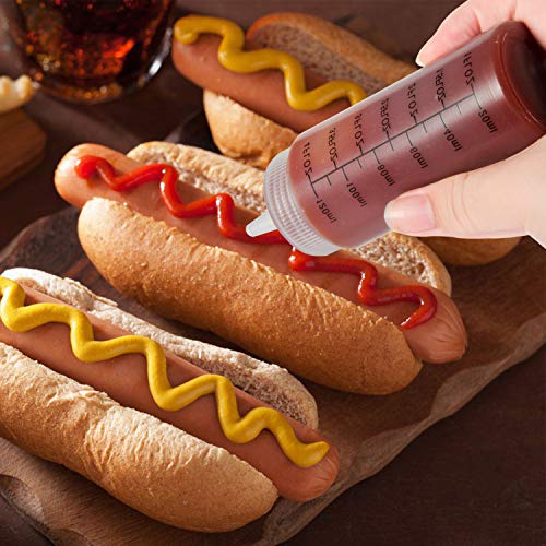 Condiment Squeeze Bottles, OAMCEG 22-Pack 4oz Durable Plastic Squeeze Squirt Bottle with Red Tip Cap and Discrete Measurements - for Ketchup, BBQ, Sauces, Syrup, Condiments, Dressings, Paint, and More