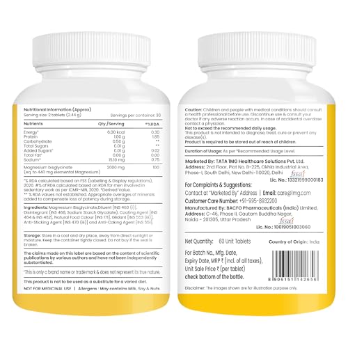 Image of Tata 1mg Magnesium Glycinate Tablets |2000mg | High Absorption Chelated form for Muscle Recovery, Sleep & Nerve Health | 2000mg Per Serving - 60 Veg Tablets