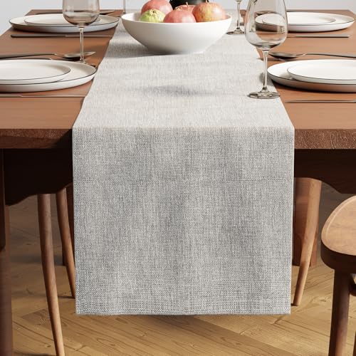 Image of Encasa XO Dining Table Runner for 4 to 6 Seater | 32x183 cm | Solid Light Grey | Chenille Fabric | Machine Washable