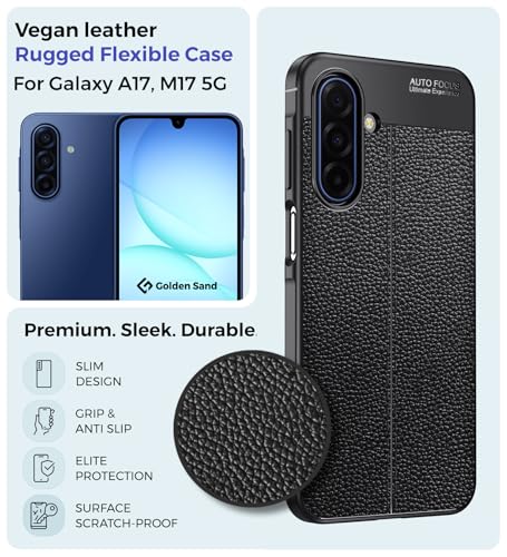 Image of Golden Sand Vegan Leather Back Cover Case for Samsung Galaxy A17 5G, Samsung Galaxy M17 5G - Leather Textured, Slim Fit, Military Grade Protection, (Midnight Black, TPU)