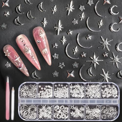 600 pcs Silver Nail Charms with Star and Moon Shapes (12 Grids) Metal charms Kit with Tweezers & Pick-Up Pencil Star Nail Charms Moon Charms Aesthetic Nail Gems for DIY Manicure kit for women